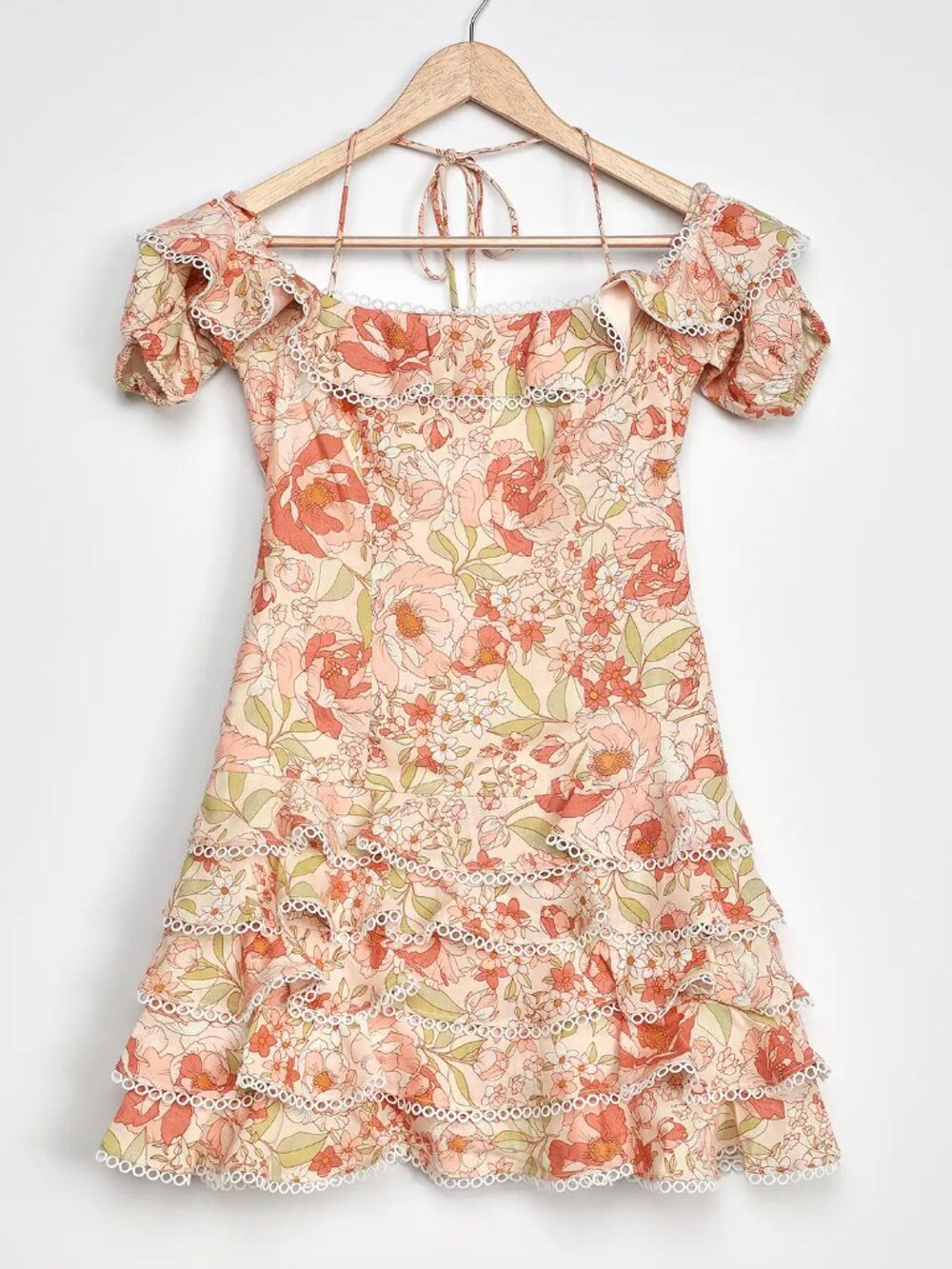 BARDOT Caitlyn Peach Floral Off-the-Shoulder Ruffle Tiered Mini Dress SZ M - Picture 3 of 9